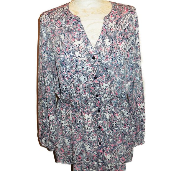 Blouse button-down 14W shirt Paisley Print Crepe relaxed top long sleeve - Picture 2 of 9